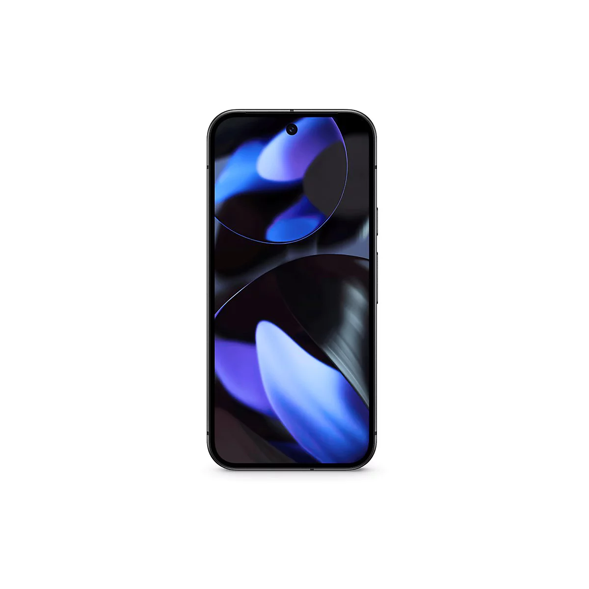Schwarzes Smartphone mit blauem Hintergrund. Oben mittig eine Kamera. Das Display zeigt abstraktes blaues Muster.