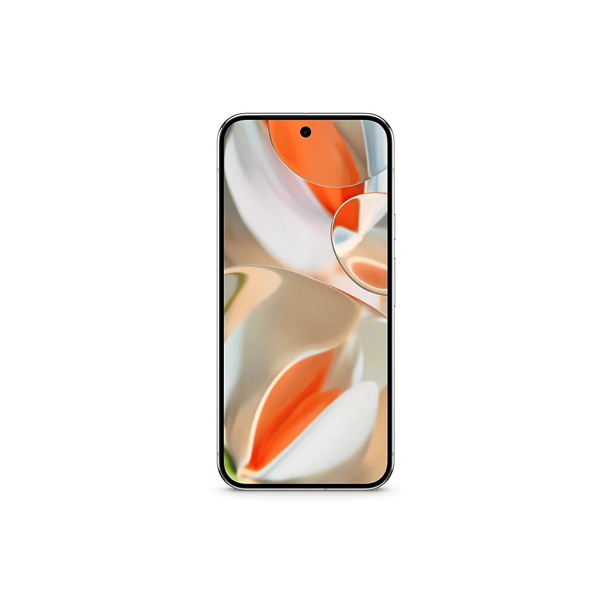 Smartphone-Ansicht. Schwarzer Rahmen mit abgerundeten Ecken, Display mit orange-weißem Hintergrund.