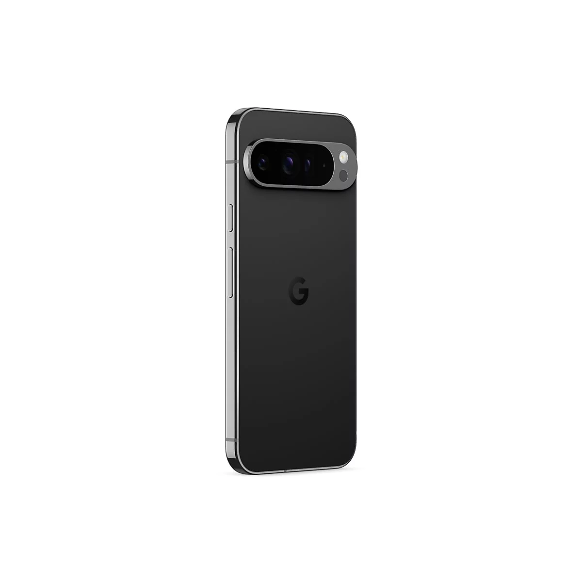 Schwarzes Smartphone mit Kamera und Google-Logo auf weißem Hintergrund.