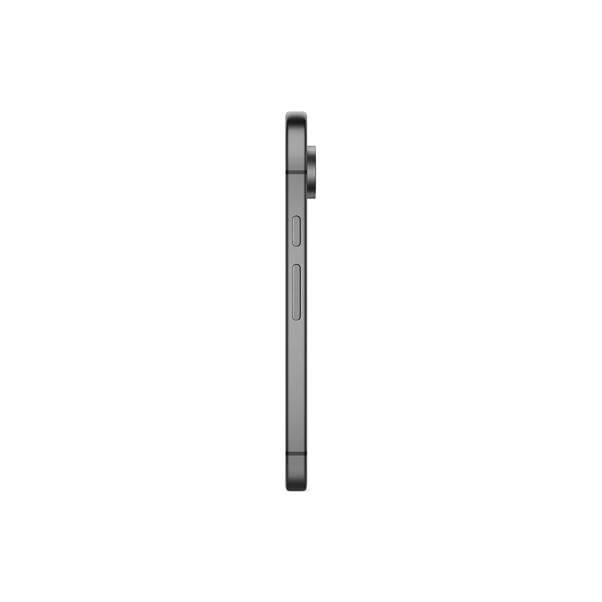 Dunkelgraues Smartphone-Profil; seitliche Tasten und Kamera.