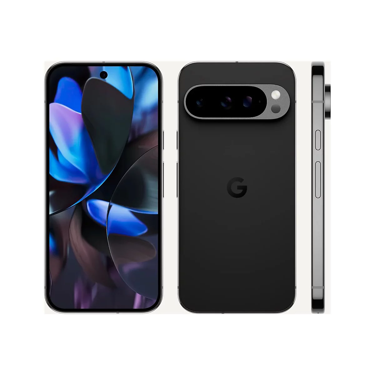 Drei Ansichten eines schwarzen Smartphones: Vorder-, Rück- und Seitenansicht. Auf dem Display ist ein abstraktes, blau-weißes Muster zu sehen.