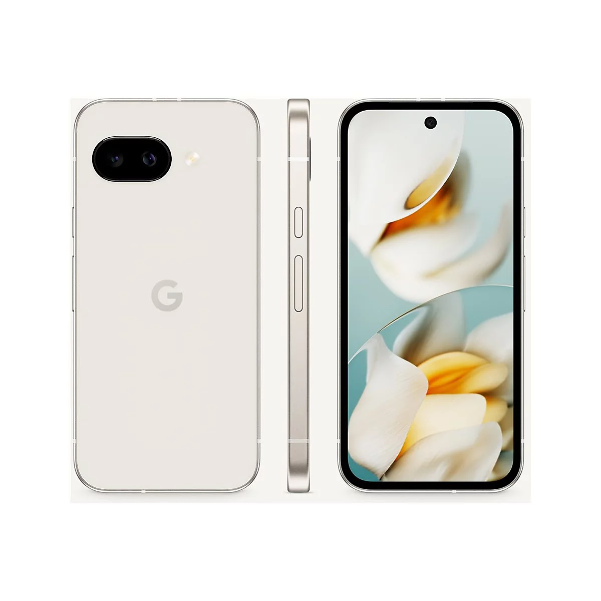 Smartphone-Ansichten: Vorder-, Rück- und Seitenansicht. Das Smartphone ist beige, zeigt das Google-Logo und ein abstraktes Blumen-Design auf dem Display.