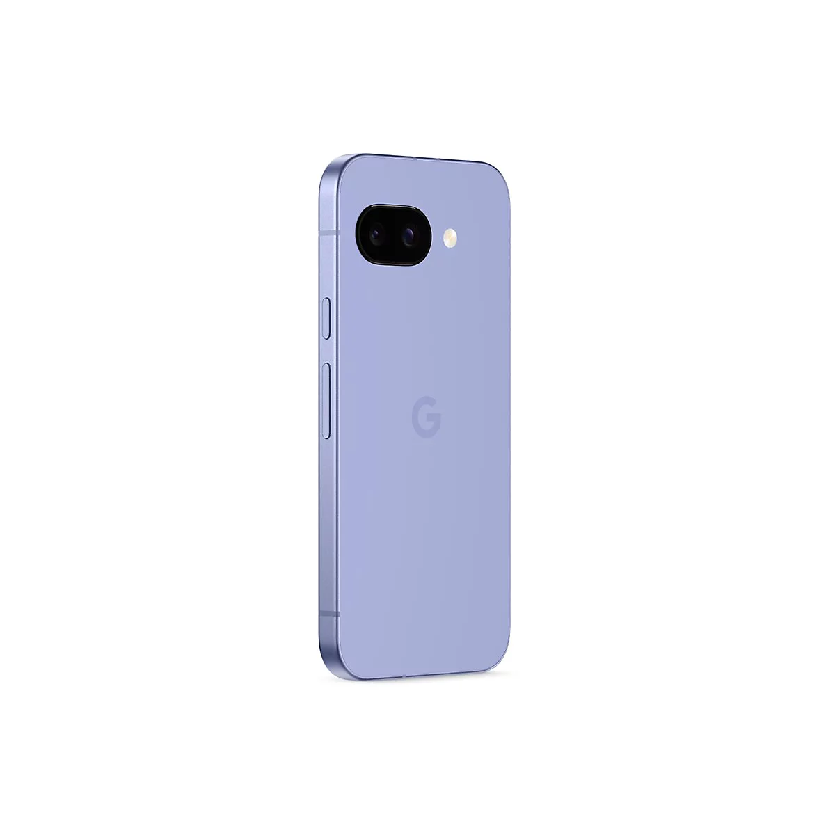 Hellblaues Smartphone vor weißem Hintergrund. Rückseite mit Kamera, Logo und Knöpfen.