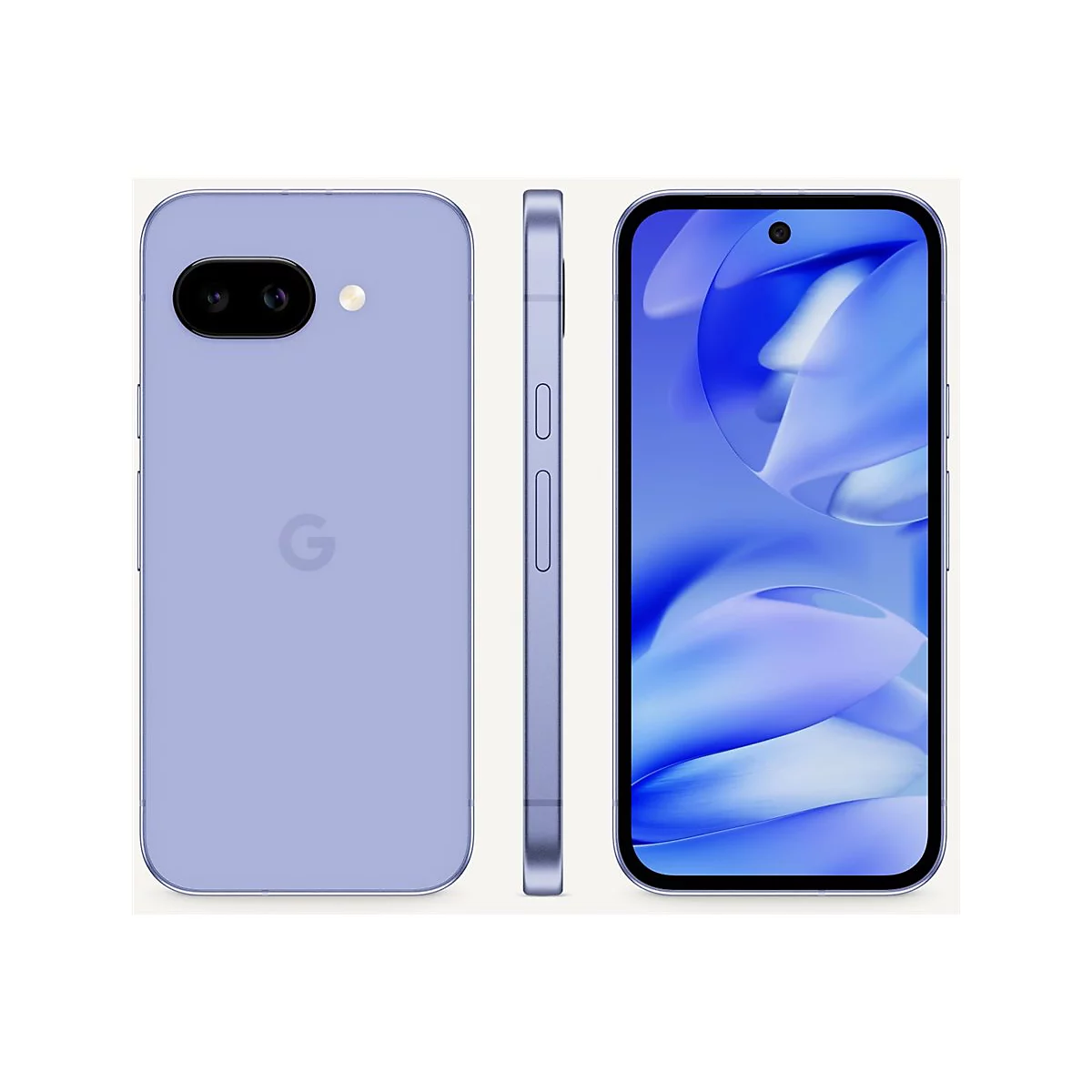 Helllila Smartphone, Ansichten von vorne, hinten und der Seite. Auf der Rückseite befinden sich Kameras und das Google Logo. Auf der Vorderseite ein Bildschirm.