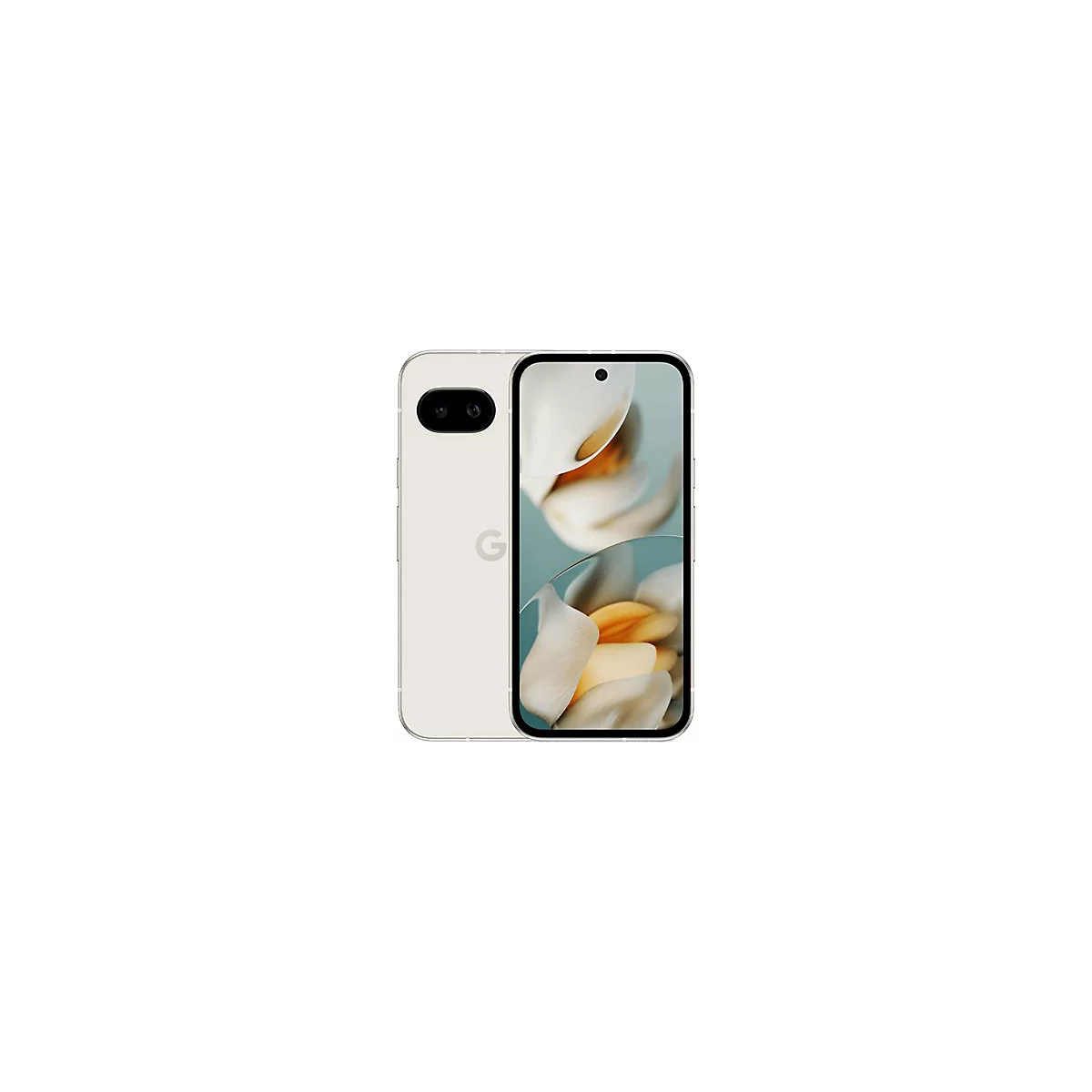 Beige Smartphone mit schwarzem Kameraobjektiv und abgerundeten Kanten. Auf dem Bildschirm Blumenmuster.