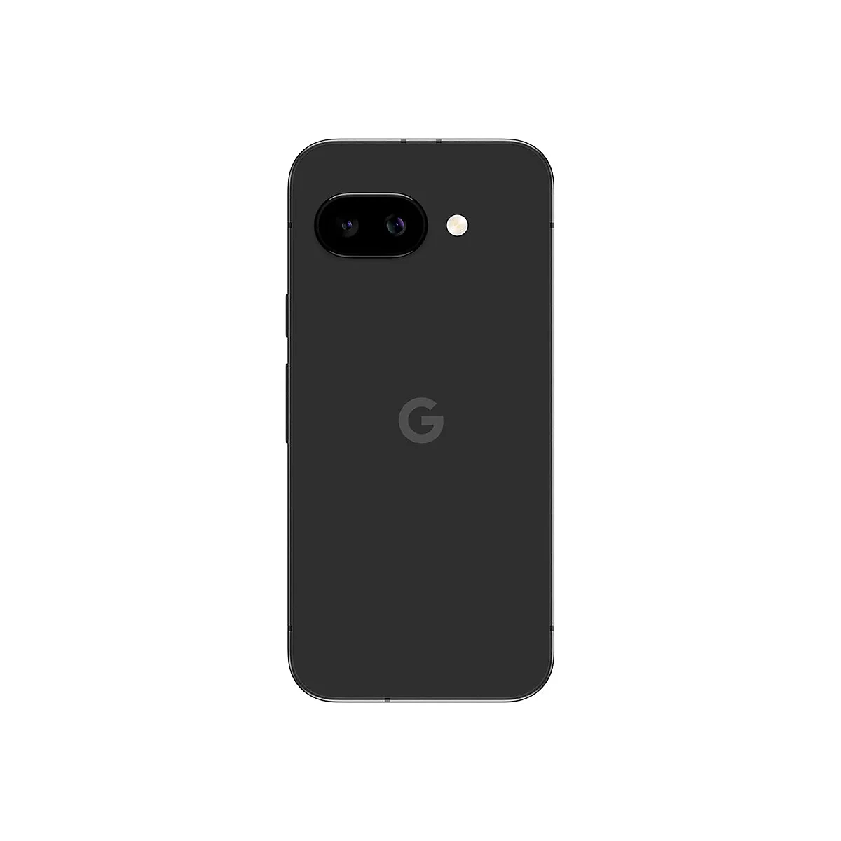 Schwarzes Smartphone mit doppelter Kamera, Blitz und Google-Logo auf weißem Hintergrund.