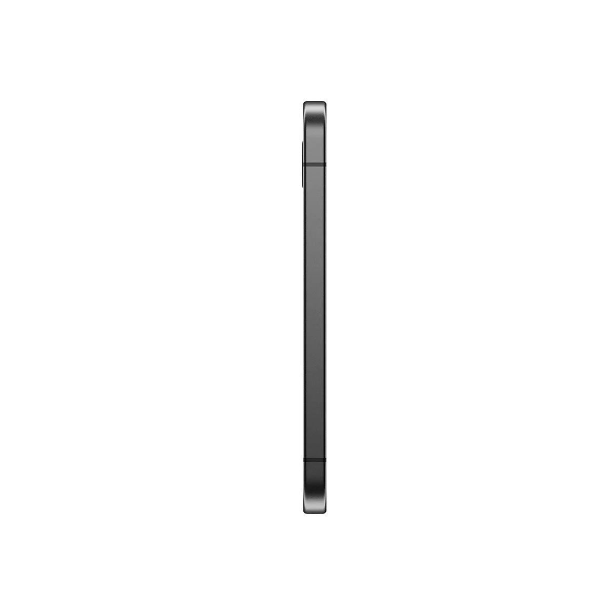 Dunkelgraues Smartphone im Profil auf weißem Hintergrund.