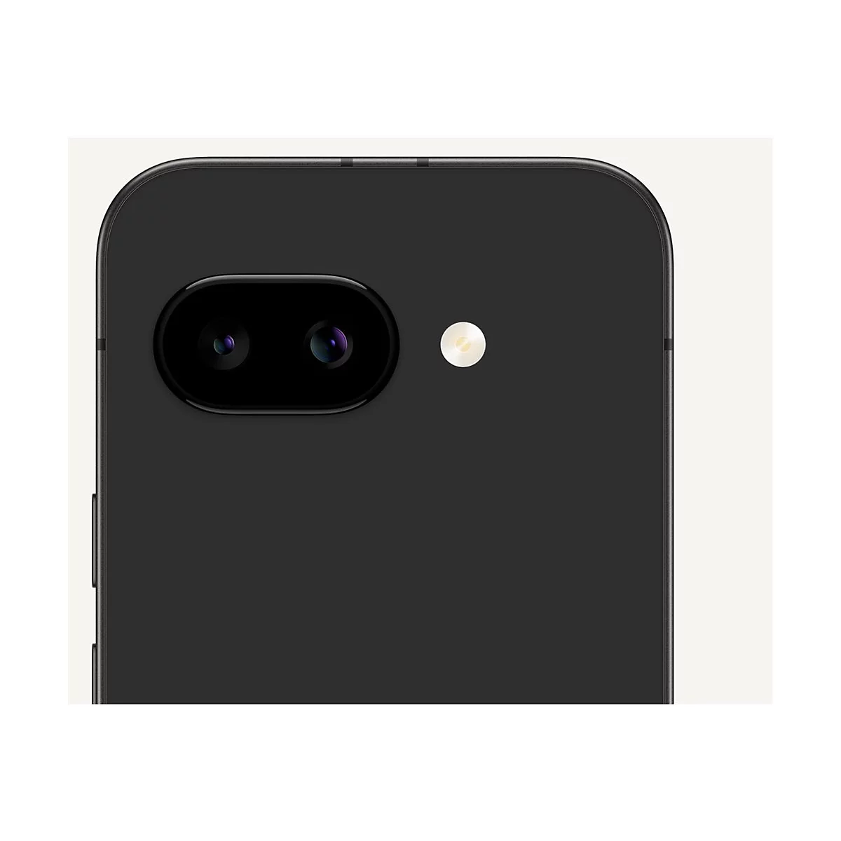 Nahaufnahme der schwarzen Rückseite eines Smartphones. Zwei Kameralinsen und ein Blitz sind zu sehen.