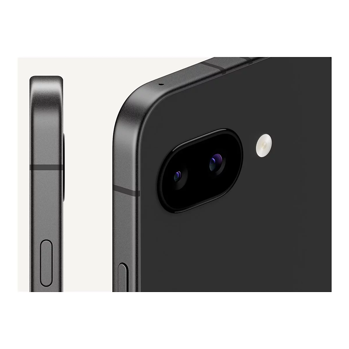 Nahaufnahme eines schwarzen Smartphones. Kamera-Detail mit zwei Linsen und Blitz. Links daneben Seitenansicht.