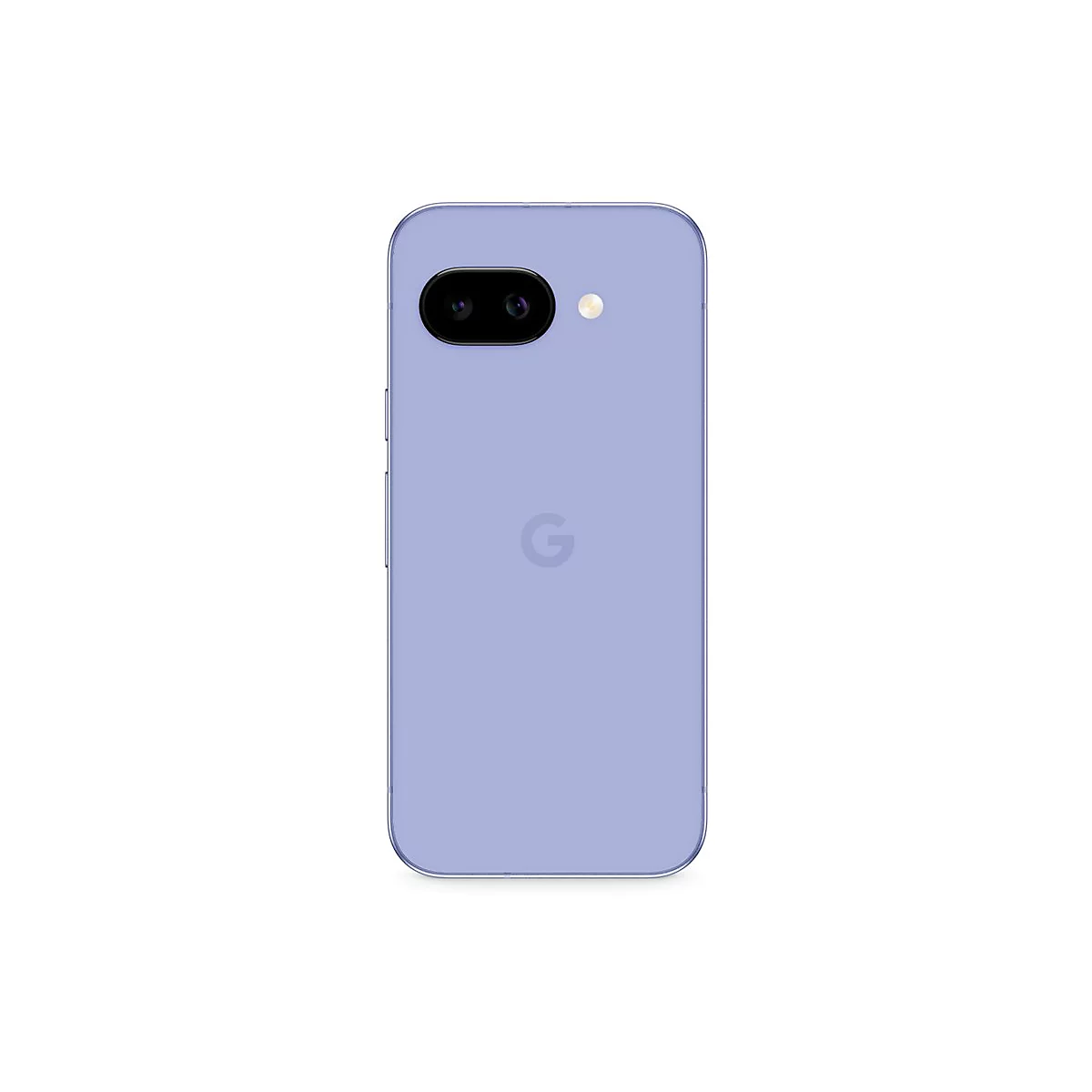 Hellblaues Smartphone von hinten. Zwei Kameras, Blitz, Google-Logo.