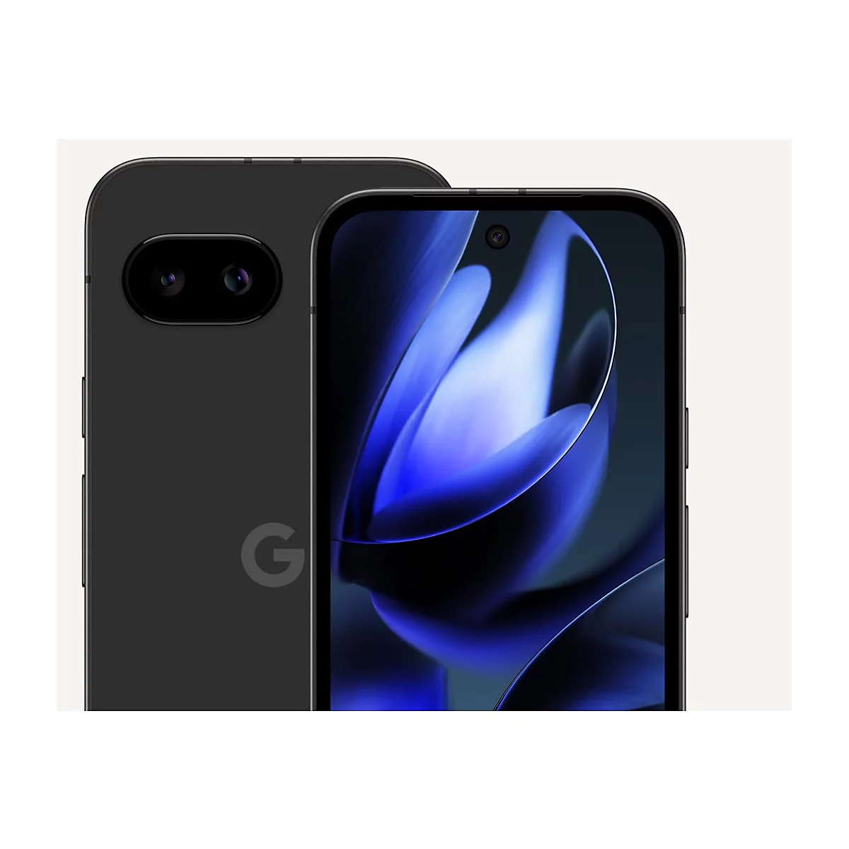 Schwarzes Smartphone mit zwei Kameras, Logo "G" und einem blauen Bildschirmhintergrund.