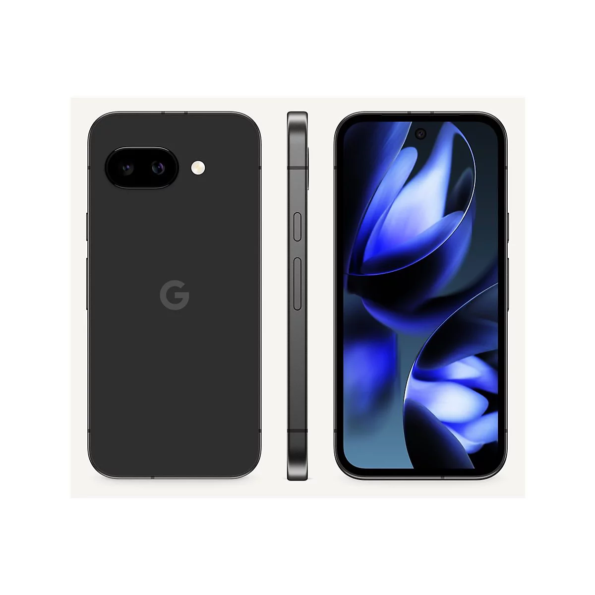 Schwarzes Smartphone: Rückseite, Seite und Displayansicht. Das Display zeigt blau-weiße, abstrakte Formen. Das Google-Logo ist auf der Rückseite sichtbar.