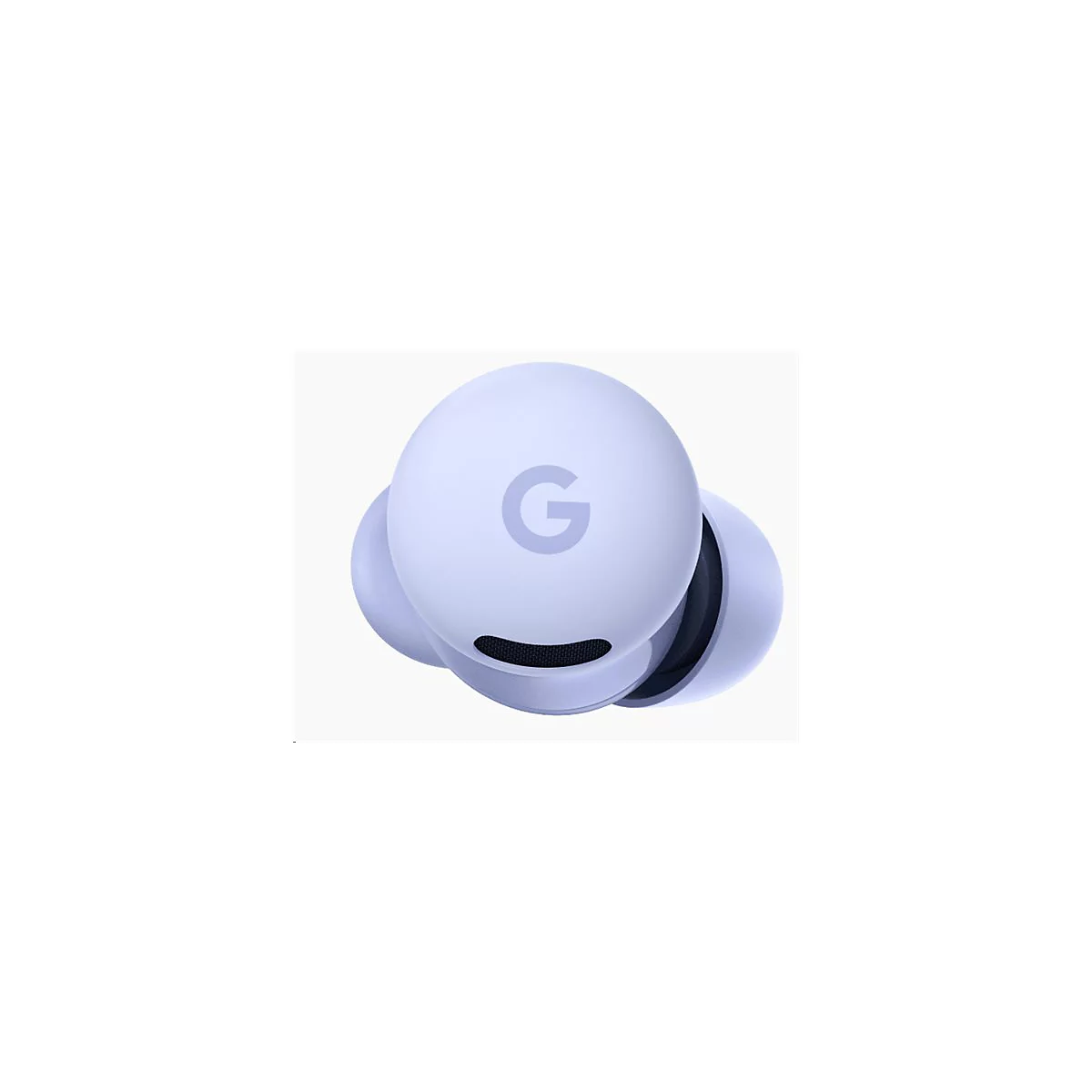 Hellblaue Google Pixel Buds. Auf dem größeren Ohrhörer ist das Google-Logo in Hellgrau zu sehen.