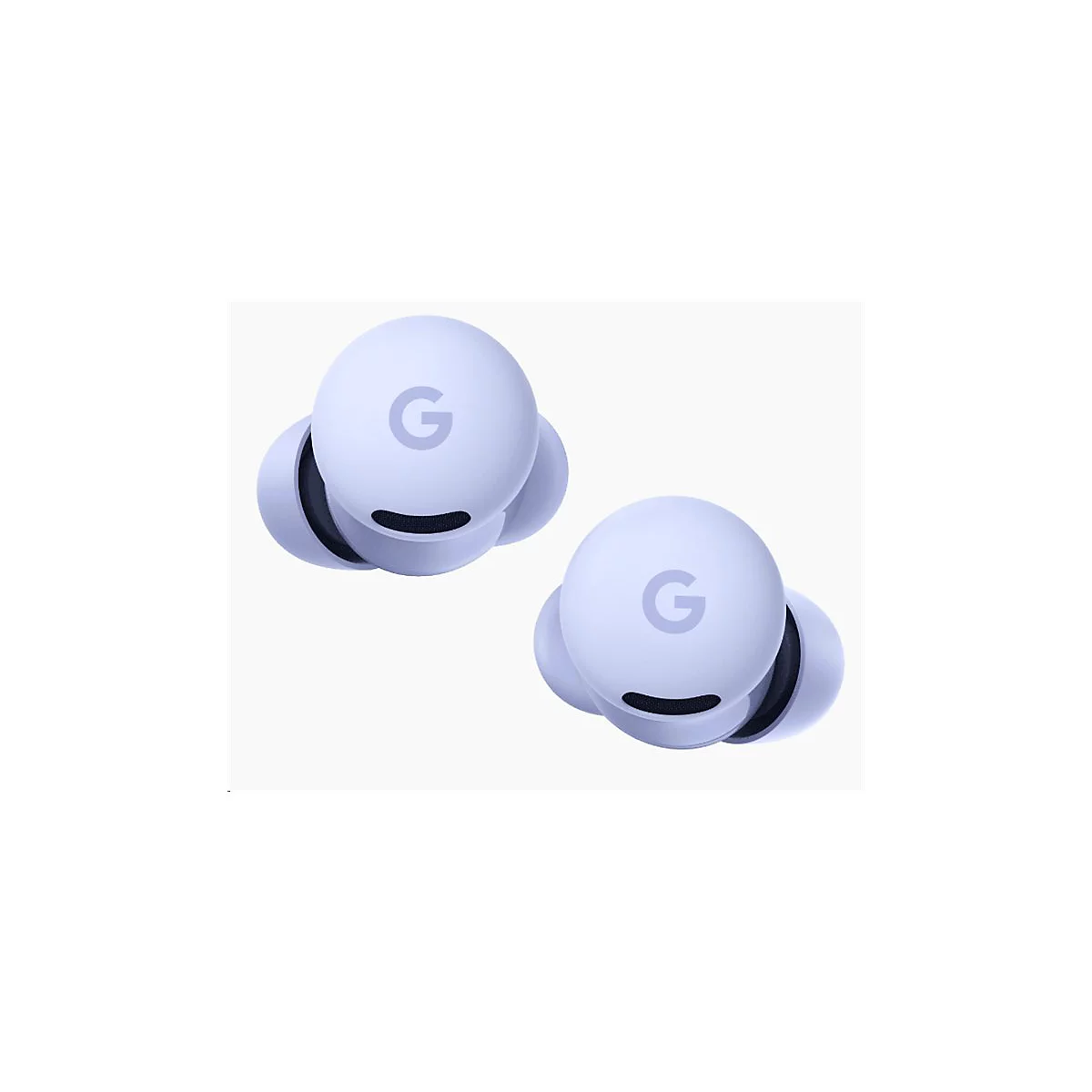 Zwei hellviolette Google Pixel Buds Ohrhörer vor weißem Hintergrund. Auf jedem Ohrhörer ist das Google "G" Logo zu sehen.