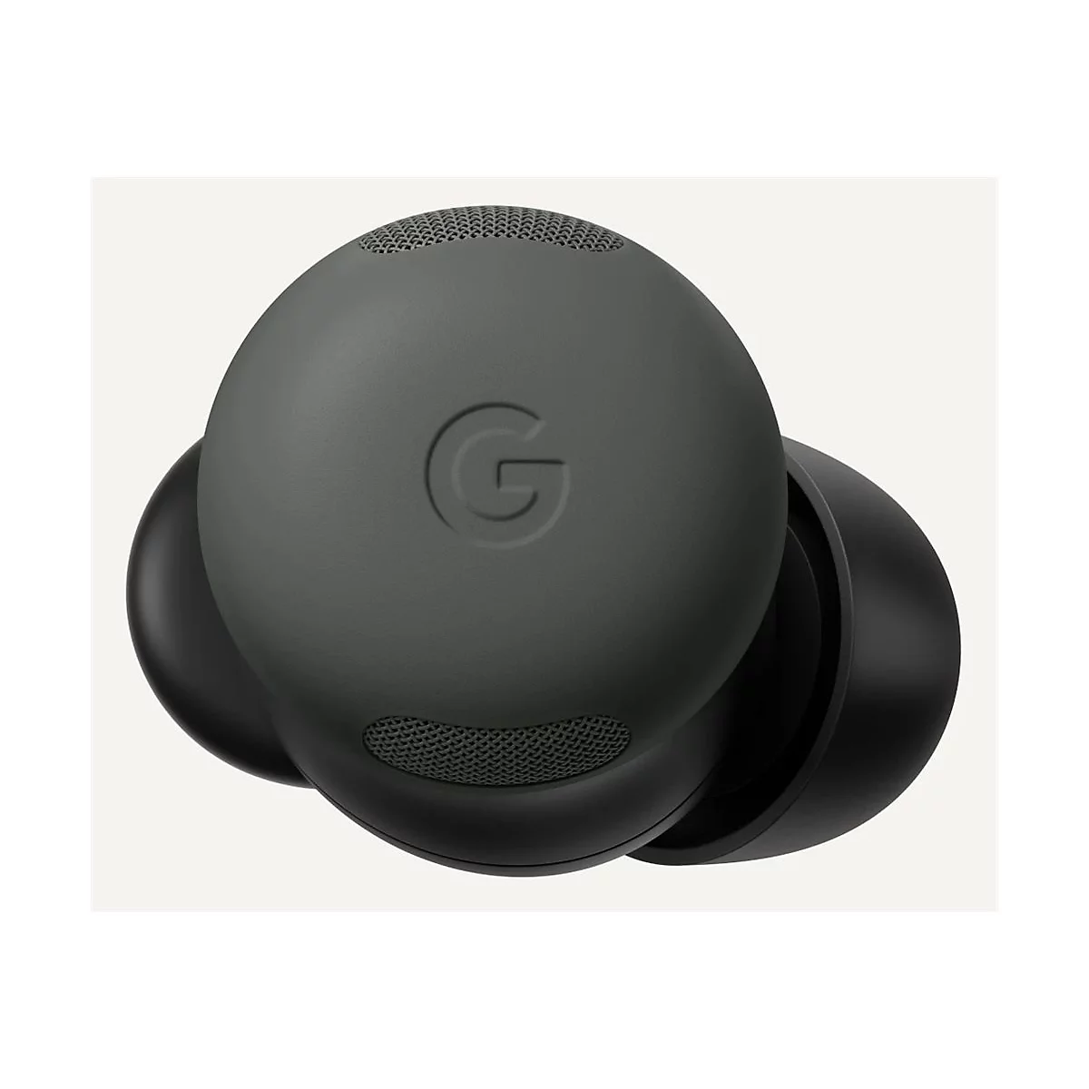 Nahaufnahme eines olivgrünen Google-Kopfhörers mit dem Google-Logo. Der Ohrhörer ist schwarz.