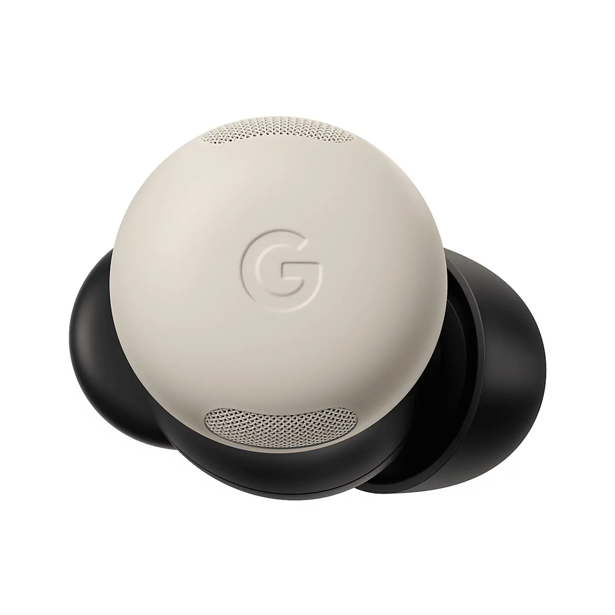 Nahaufnahme eines beigefarbenen Kopfhörers mit einem 'G'-Logo und schwarzen Ohrstöpseln.