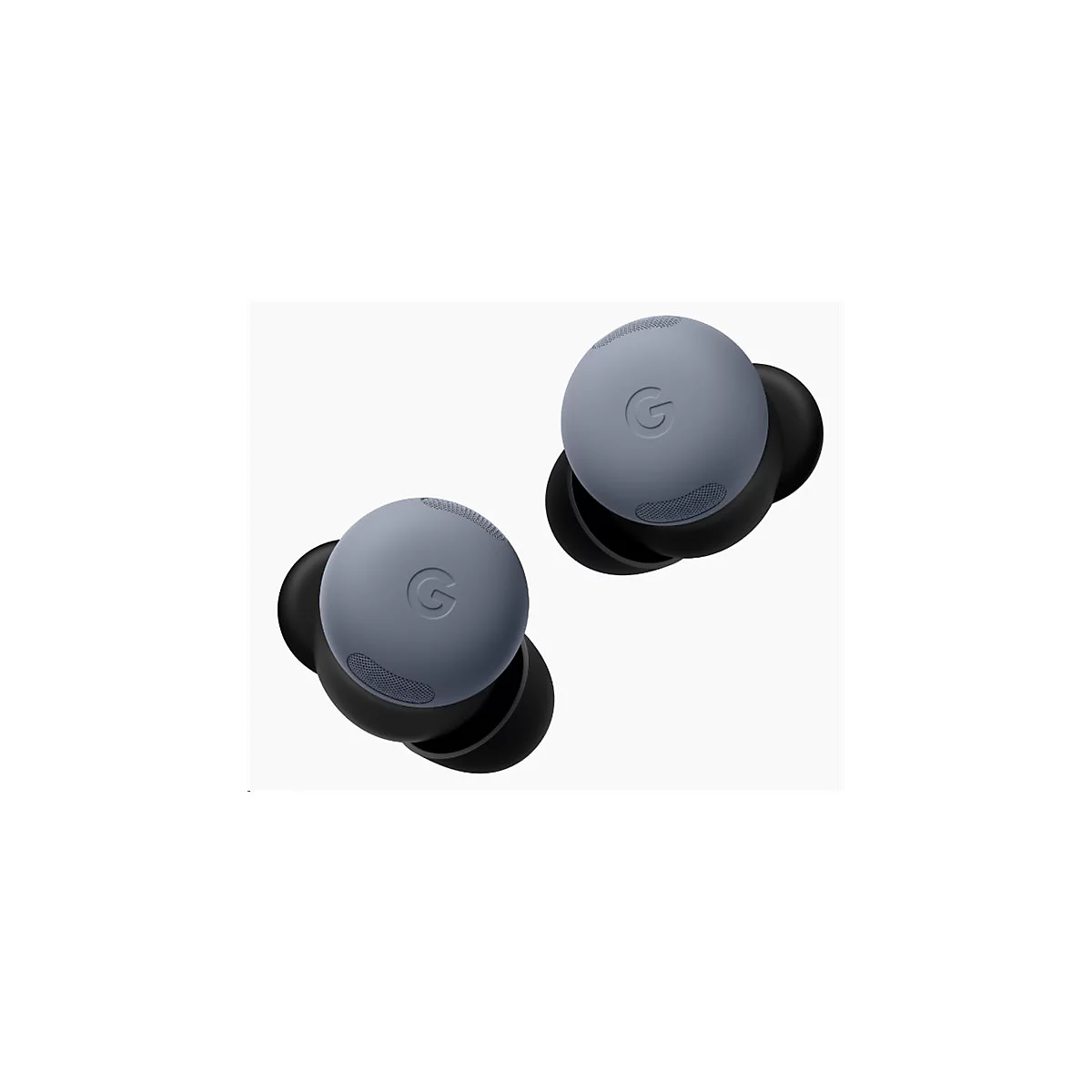 Zwei graue kabellose Ohrhörer mit schwarzem Gummi, Google-Logo. Auf weißem Hintergrund.