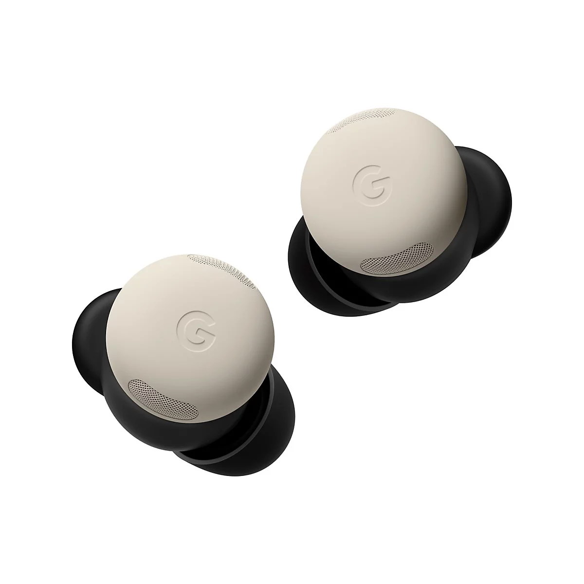 Zwei drahtlose Ohrhörer in Weiß-Beige mit schwarzem Gummi, auf weißem Hintergrund. Auf der Oberfläche ist ein „G“ Symbol zu sehen.