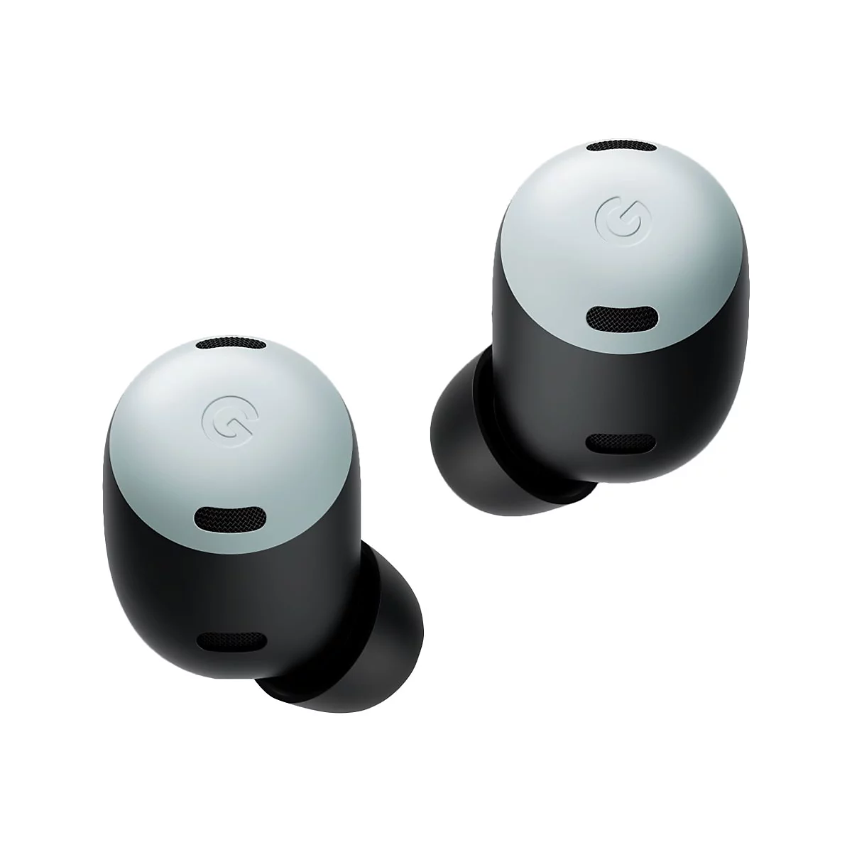 Zwei schwarz-hellblaue In-Ear-Kopfhörer mit Google-G-Logo vor weißem Hintergrund.