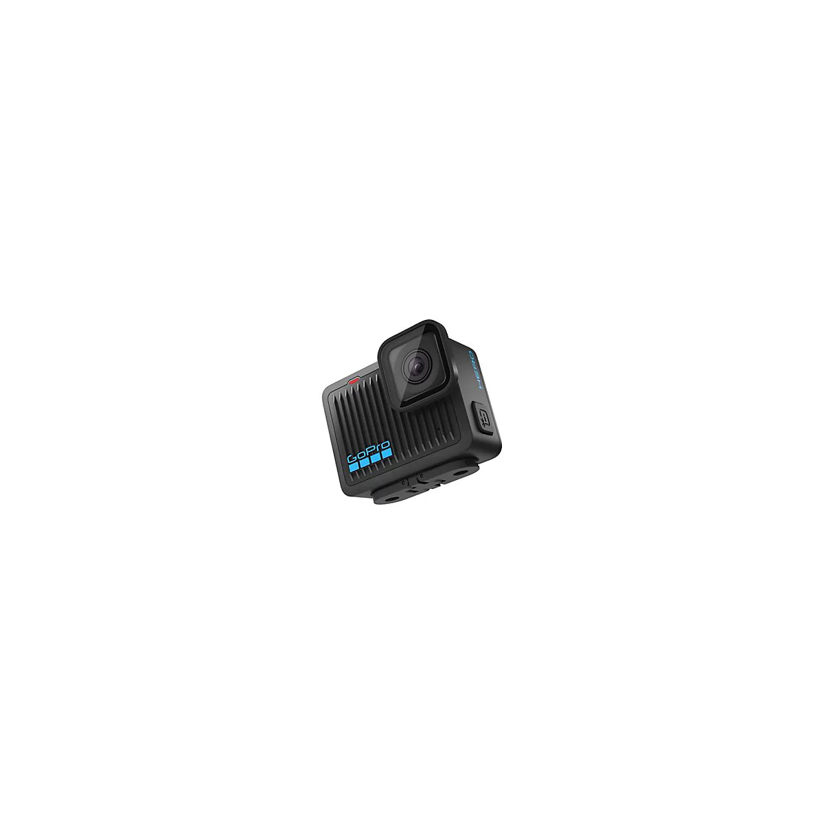 Schwarze GoPro-Kamera mit blauem Logo. Oberhalb des Objektivs ist ein rotes Licht zu sehen. Auf der Seite steht HERO.