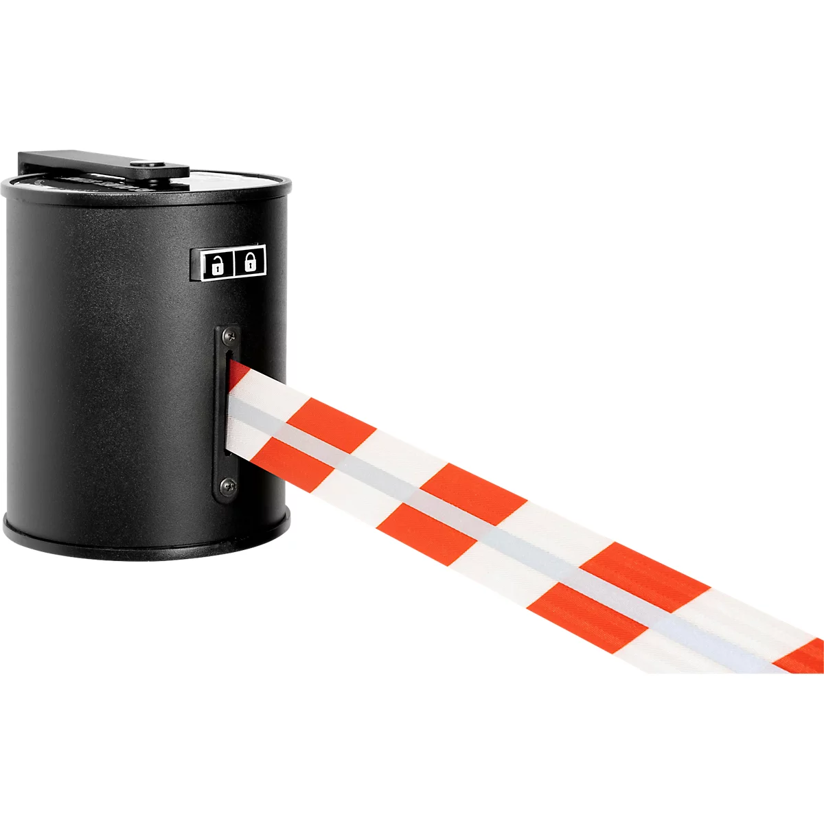 Zwarte parkeerbarrière met rood-wit gestreepte arm. Symbolen voor vergrendelen en ontgrendelen worden op de barrière weergegeven.