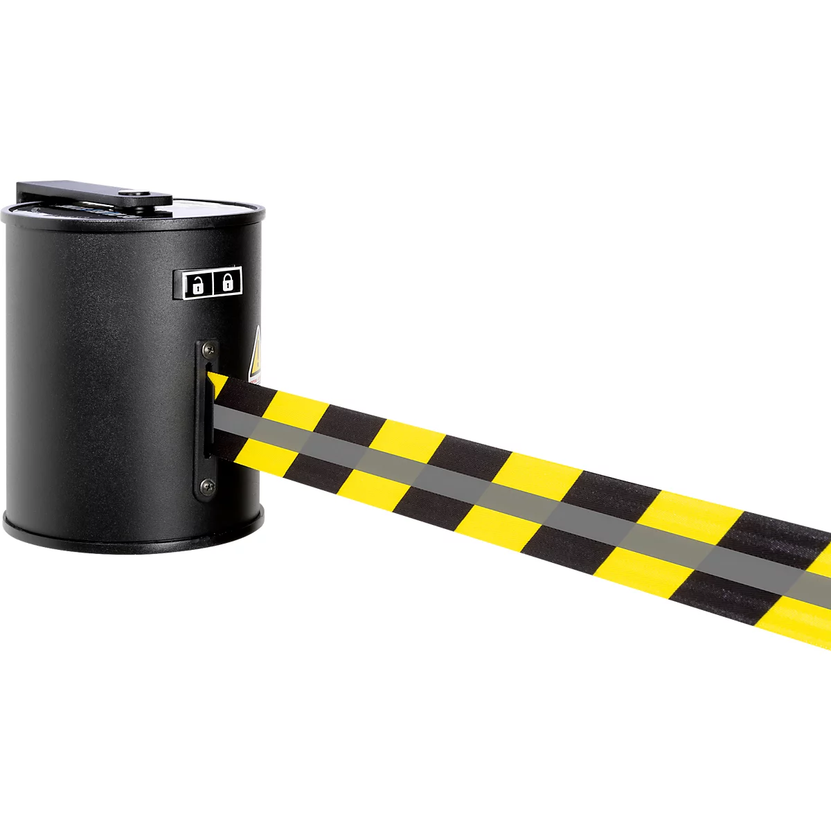Zwarte afzetpaal met geel-zwarte tape. Er staat een slot-symbool op de zijkant.