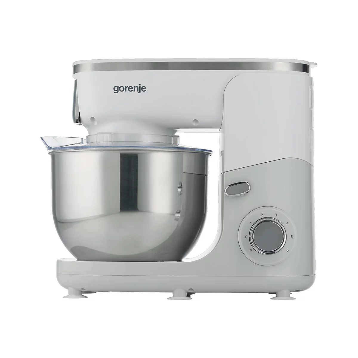 Weiße Gorenje Küchenmaschine mit Edelstahl-Rührschüssel vor neutralem Hintergrund.