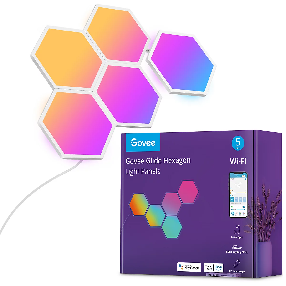 Mehrere sechseckige LED-Panels mit Farbverlauf, daneben die Produktverpackung mit Logo und Funktionen.