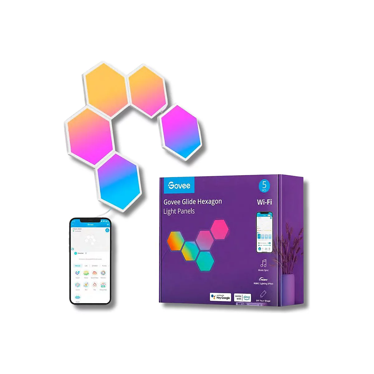 Sechseckige LED-Leuchten mit Farbverlauf, Smartphone-App und Produktverpackung.