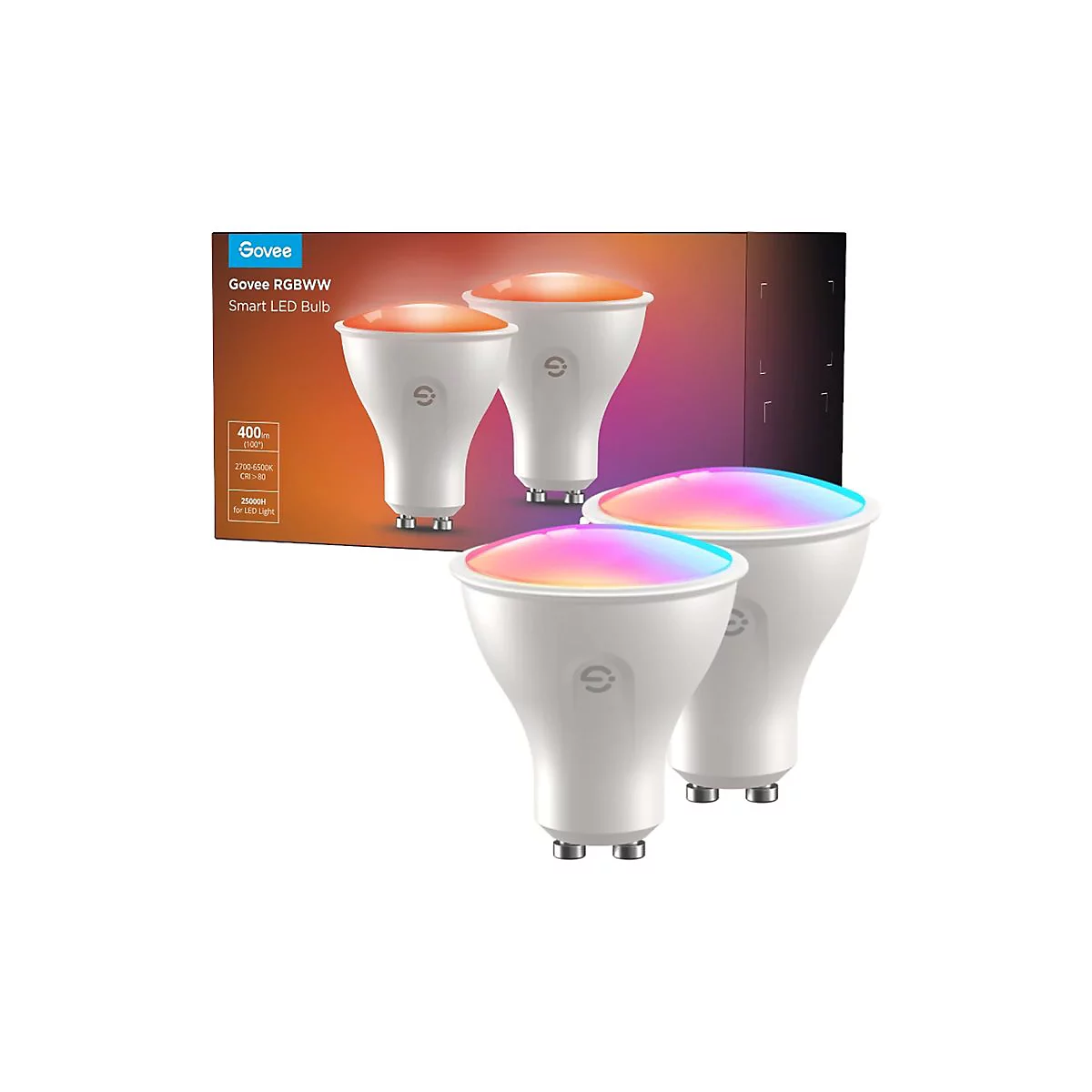 Vier smarte Govee RGBWW LED-Leuchtmittel vor der Produktverpackung, die bunt leuchten.