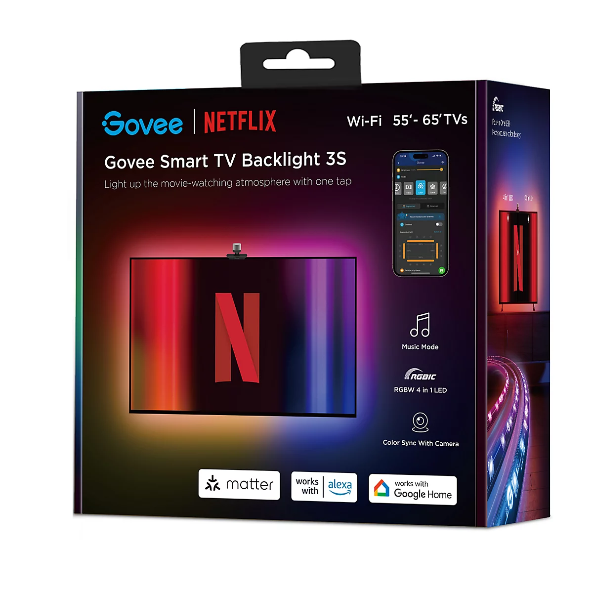 Verpackung der Govee Smart TV Backlight 3S. Aufgedruckt sind die Logos von Govee und Netflix, sowie ein Bild eines Fernsehers mit farbiger Hintergrundbeleuchtung.
