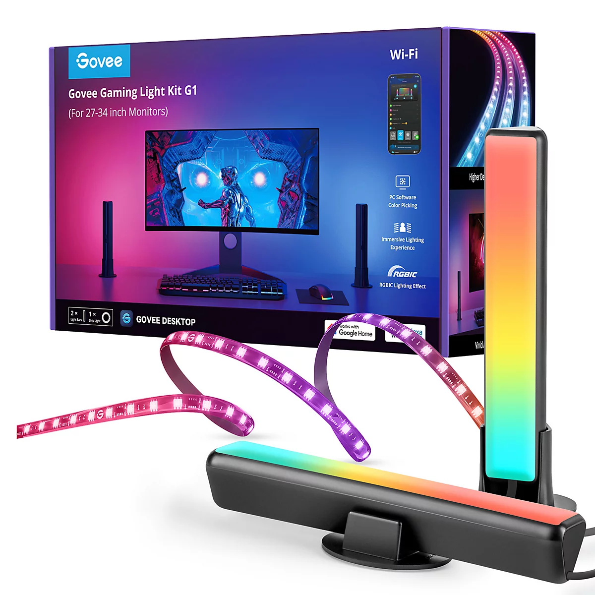 Produktabbildung eines Govee Gaming Light Kit G1. Gezeigt werden Lichtleisten, LED-Streifen und die Verpackung, die einen Monitor und seine Beleuchtung zeigt.