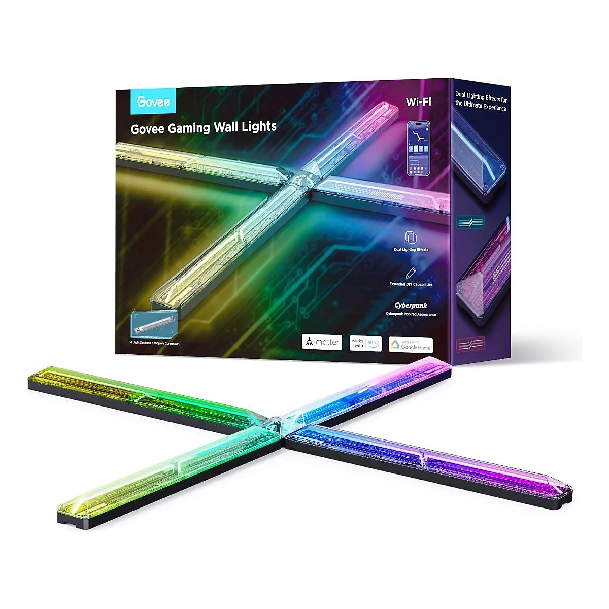 Mehrfarbige LED-Wandleuchten im Kreuz-Design, mit Verpackung und Smartphone-App-Beispiel.