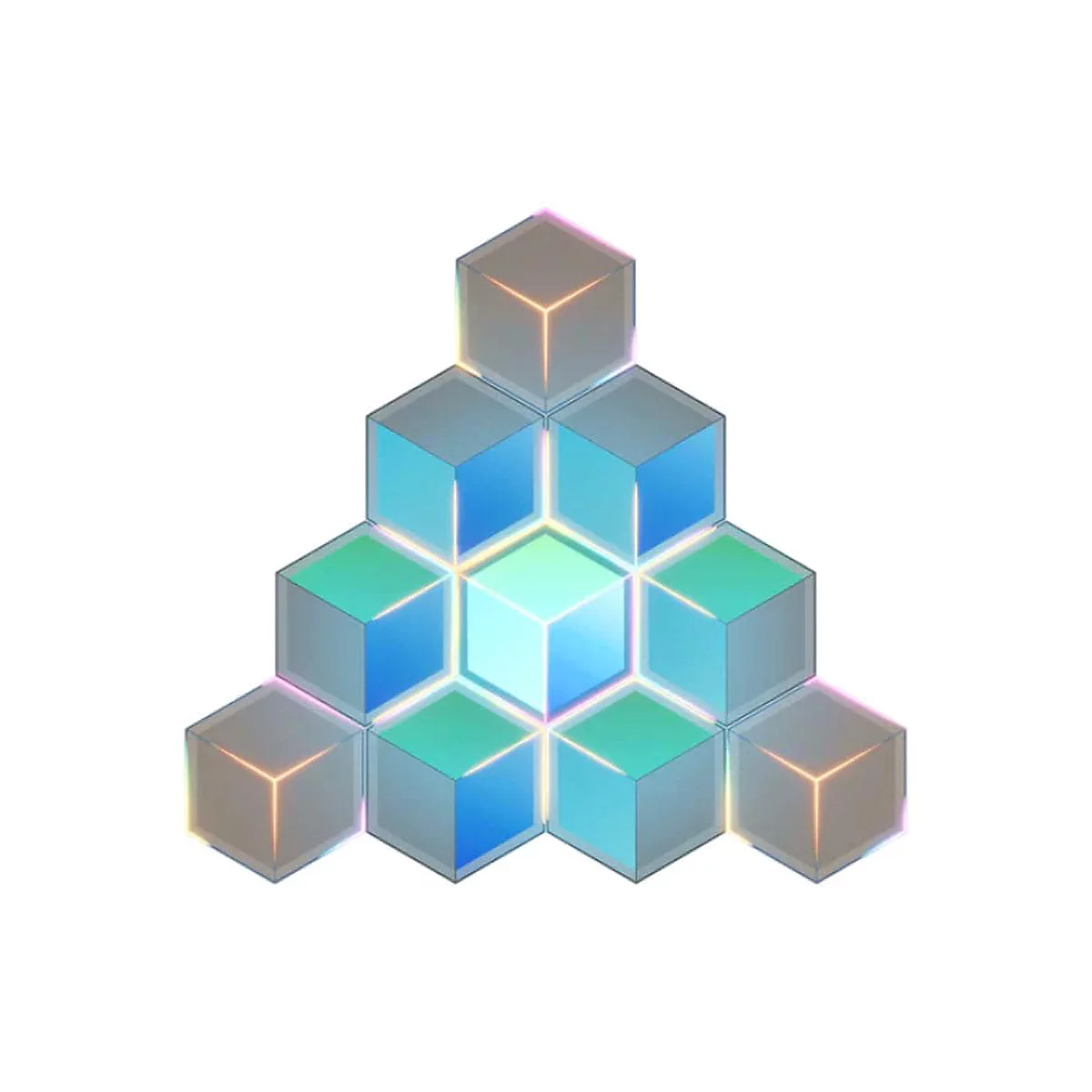 Mehrere transparente Würfel in Blau- und Grüntönen, angeordnet wie ein Kristall. Leuchtende Umrisse.