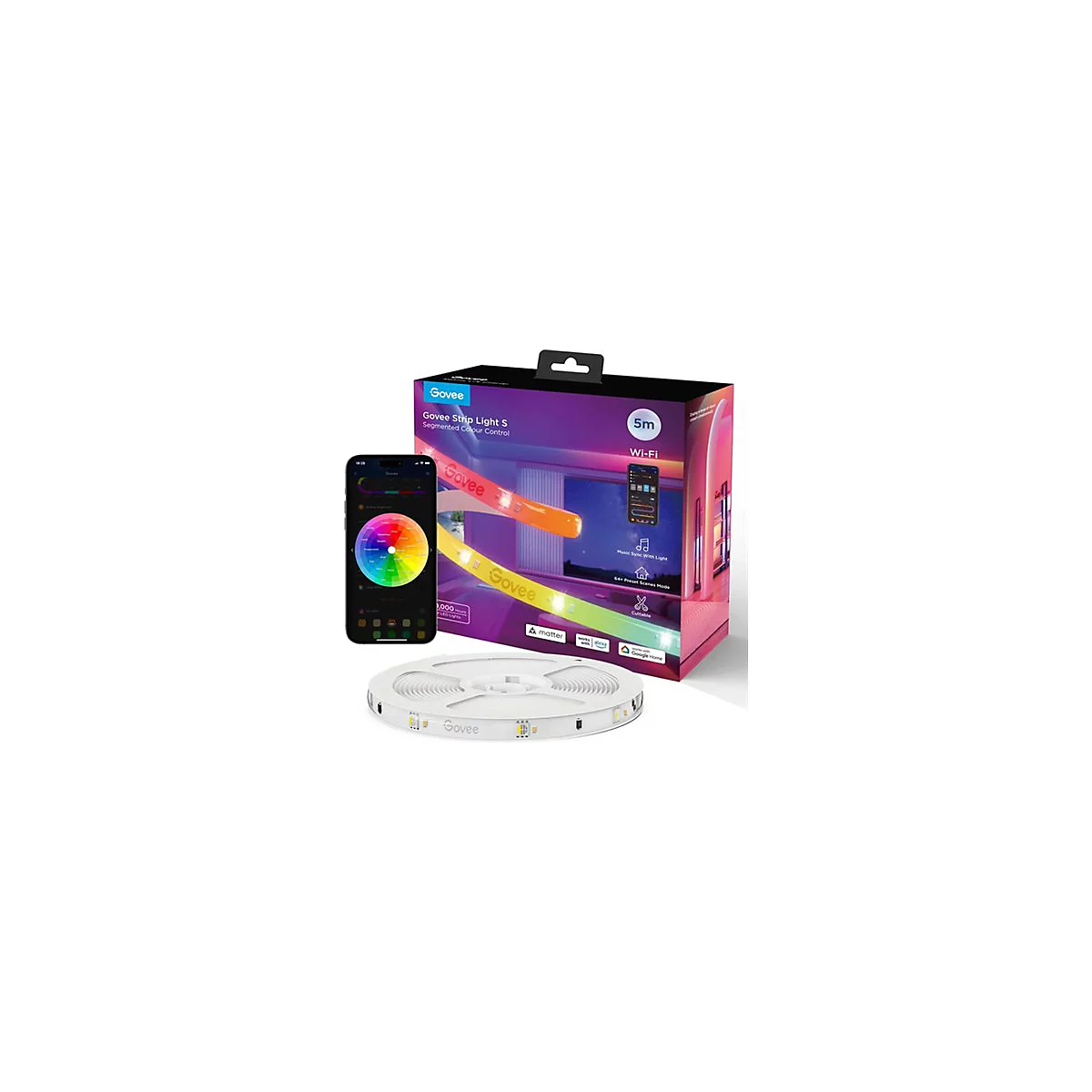 Govee LED Strip Light S 5m Verpackung mit Smartphone-App-Steuerung und aufgerolltem LED-Band.