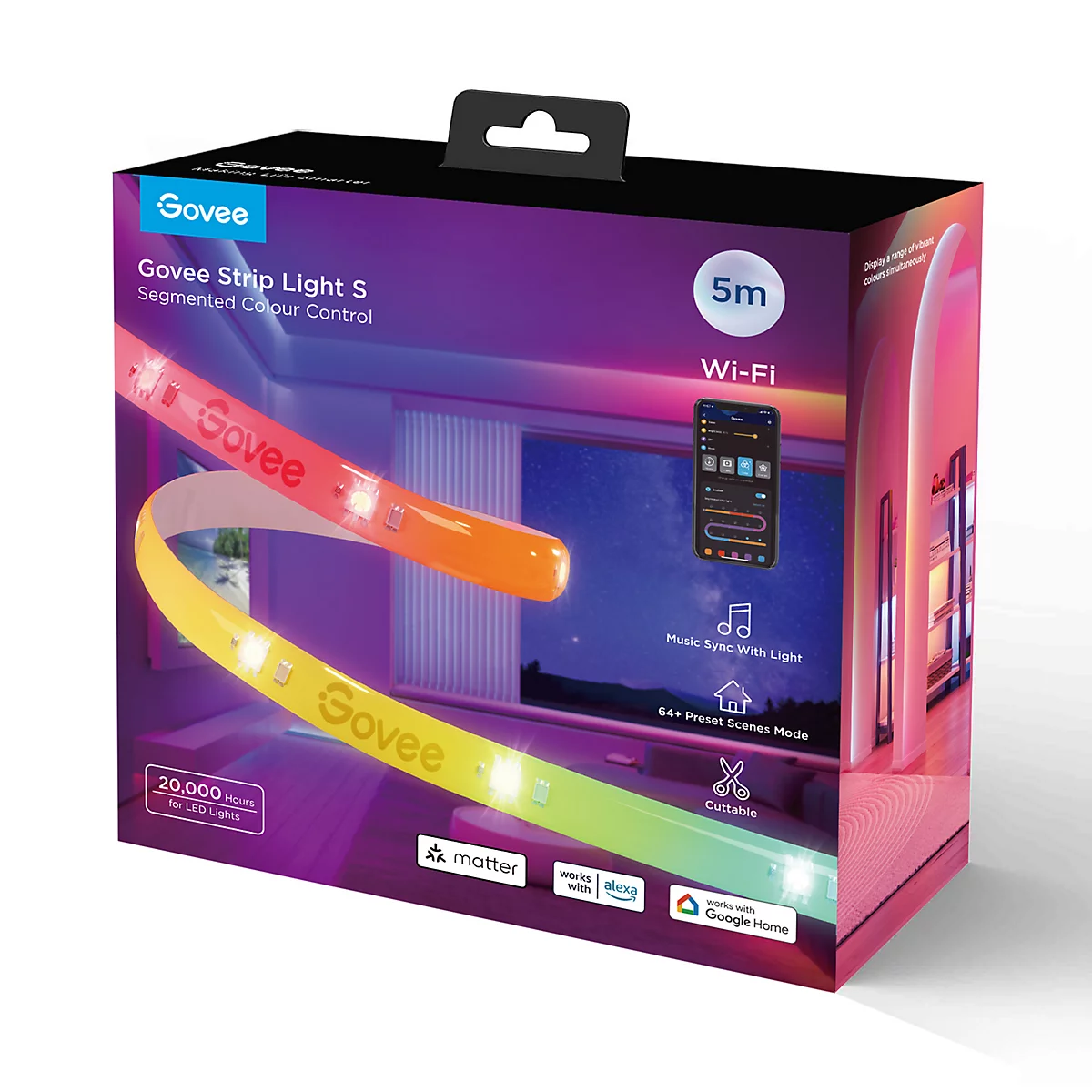 Produktverpackung der Govee Strip Light S mit einem bunten Lichtband. Aufgedruckt sind Logos und Angaben zu Funktionen.