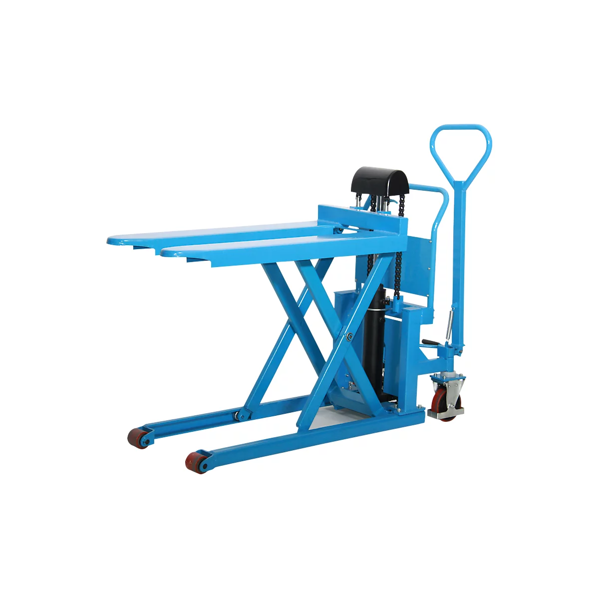 Blue hydraulic pallet truck with forks and handle.