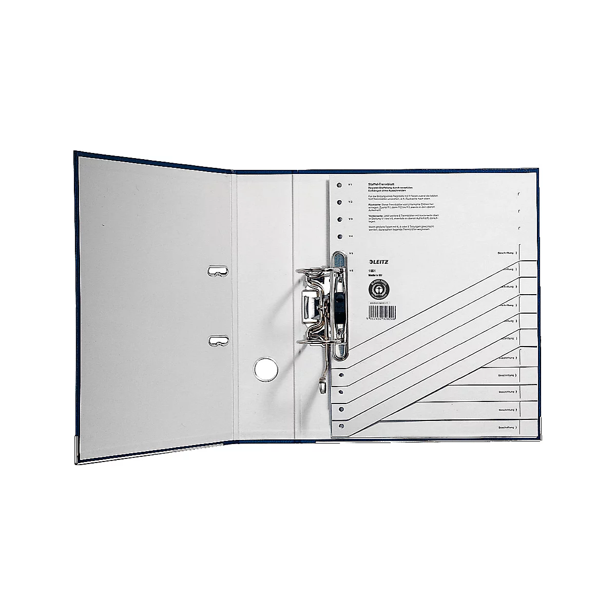 Open blue file folder with metal mechanism and papers.