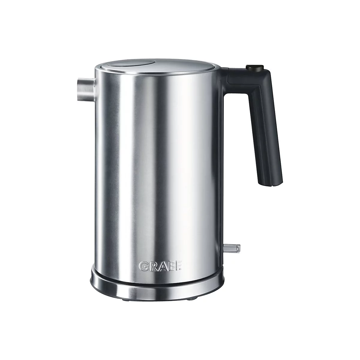 Eleganter, zylindrischer Wasserkocher aus mattem Edelstahl von Graef mit schwarzem Griff vor weißem Hintergrund.