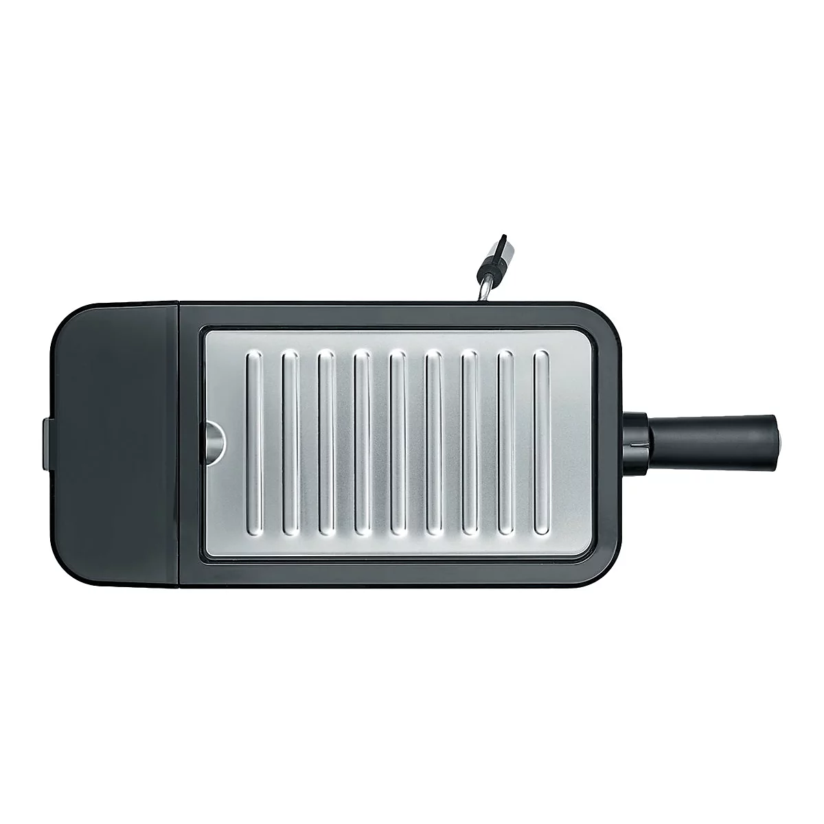 Draufsicht eines elektrischen Kontaktgrills mit schwarzem Kunststoffgehäuse und gerillter silberner Grillplatte.