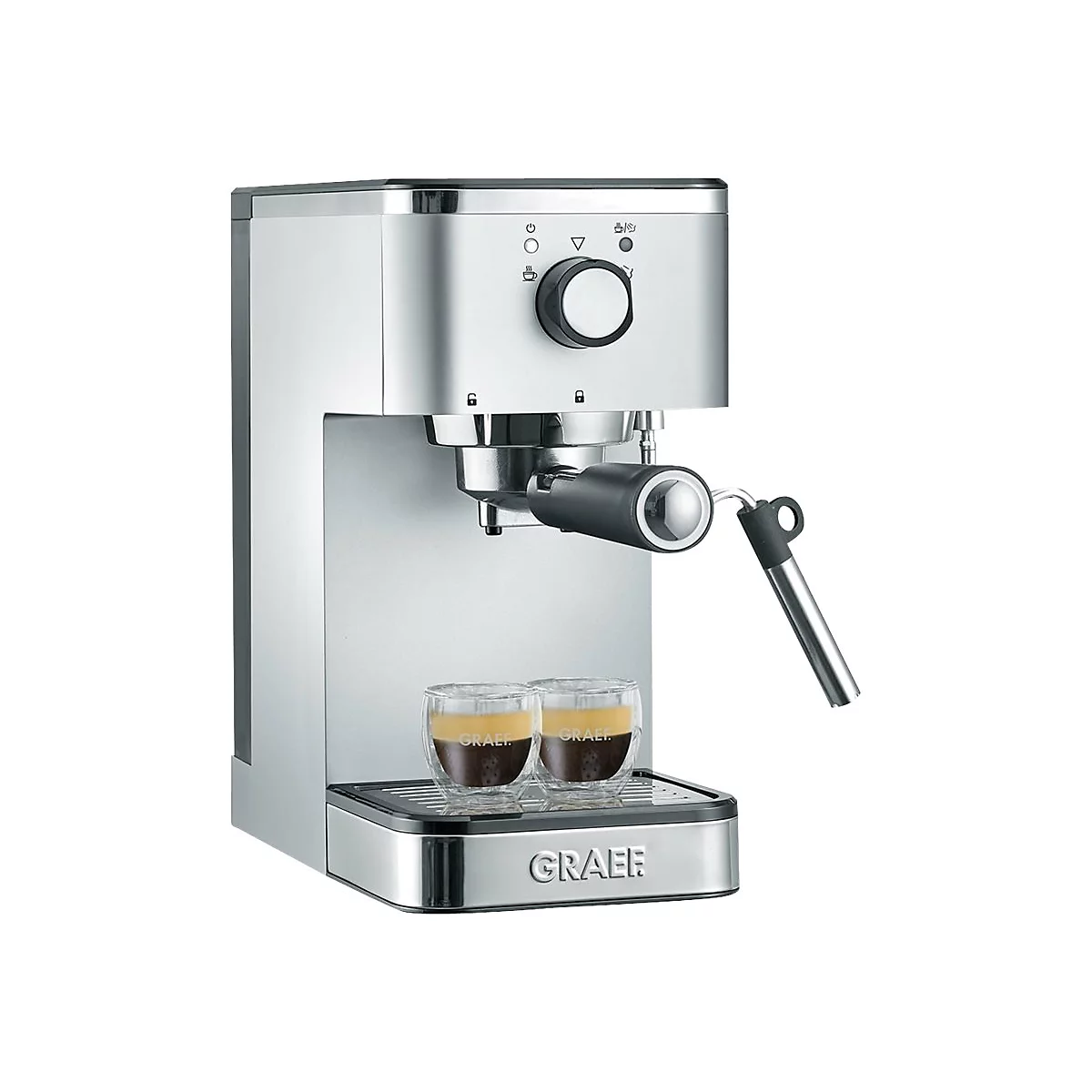 Silberne Graef Espressomaschine mit zwei Espressogläsern auf einem neutralen Hintergrund.