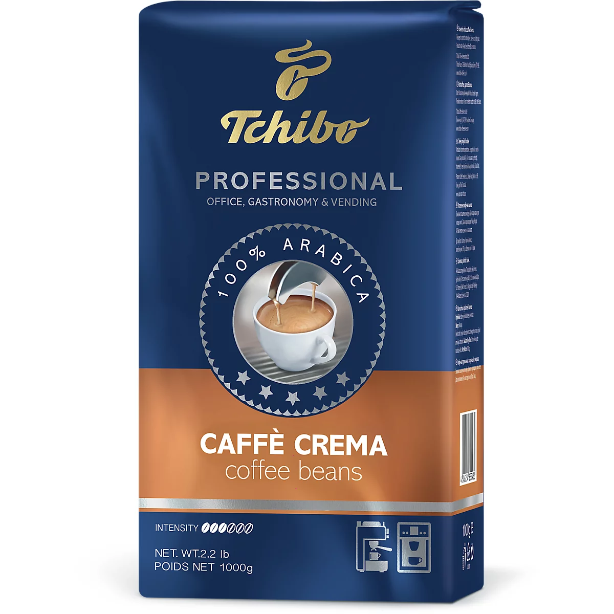 Grains de café Tchibo Professional Caffè Crema dans un emballage bleu foncé et marron de 1000g.