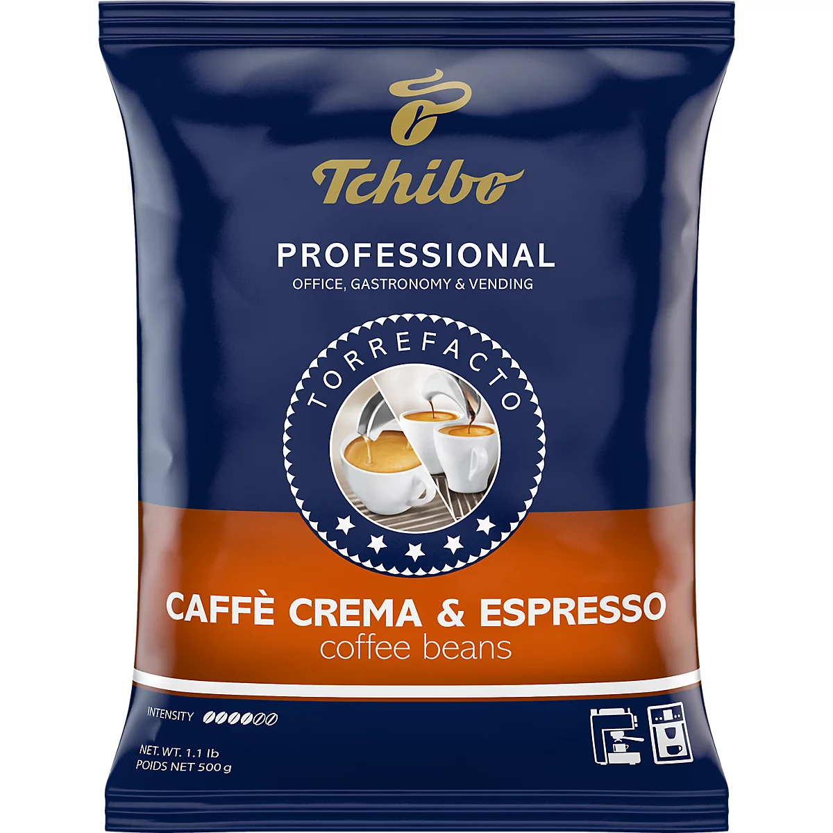 Paquet de café en grains Tchibo Professional Caffè Crema & Espresso (500g) bleu et orange.