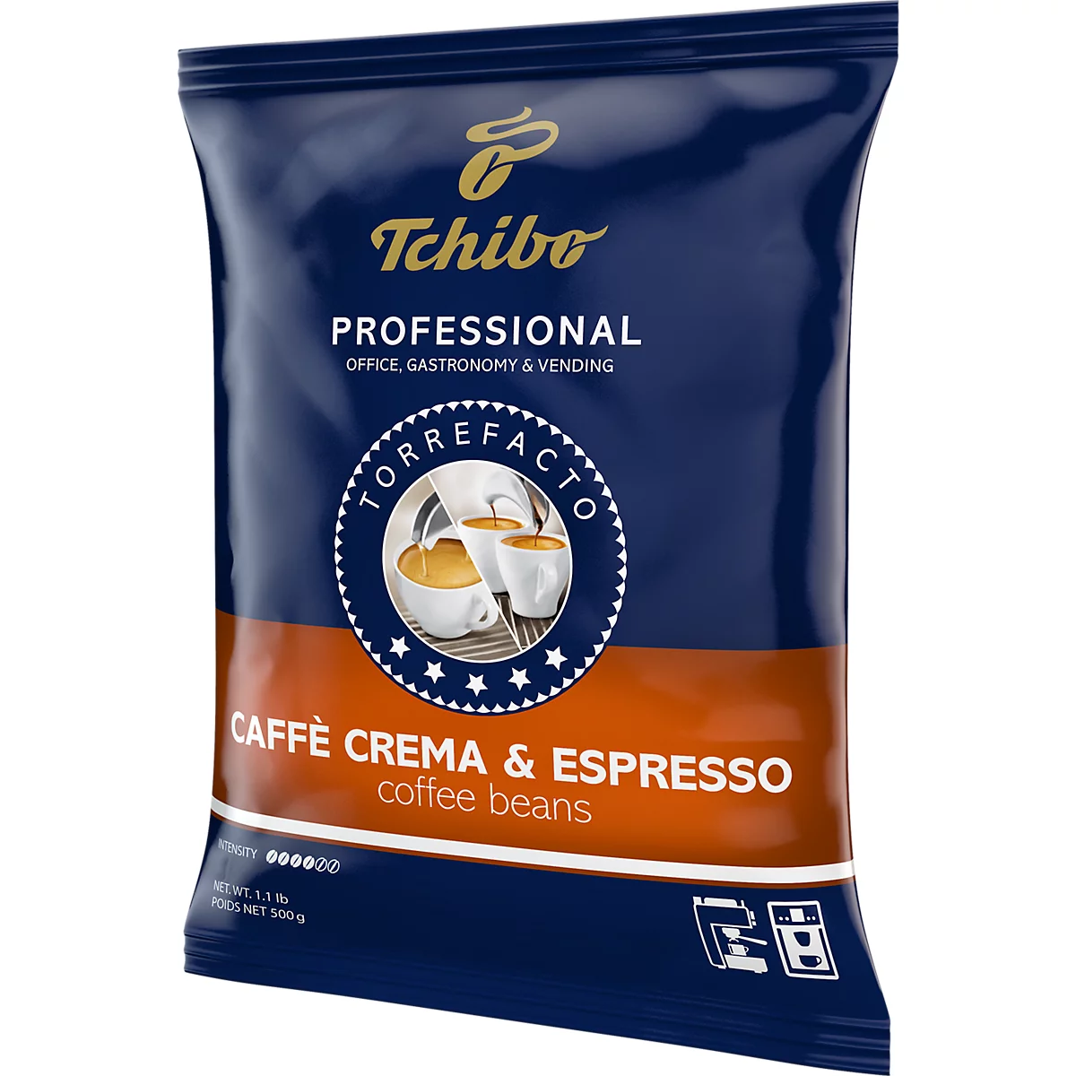 Emballage de grains de café Tchibo Professional Caffè Crema & Espresso bleu et orange.