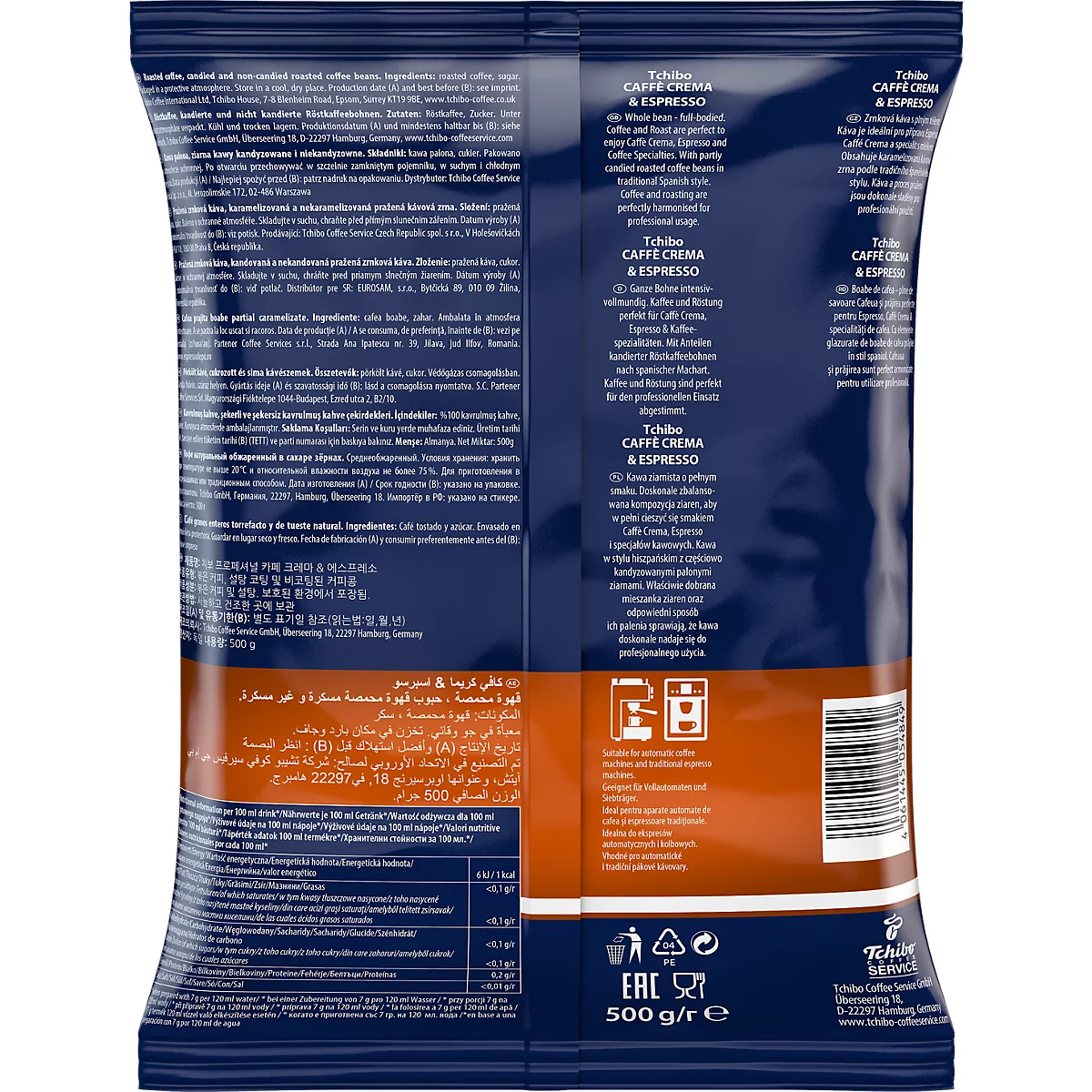 Dos d'un paquet de café Tchibo Caffe Crema & Espresso bleu foncé avec de nombreuses informations textuelles.