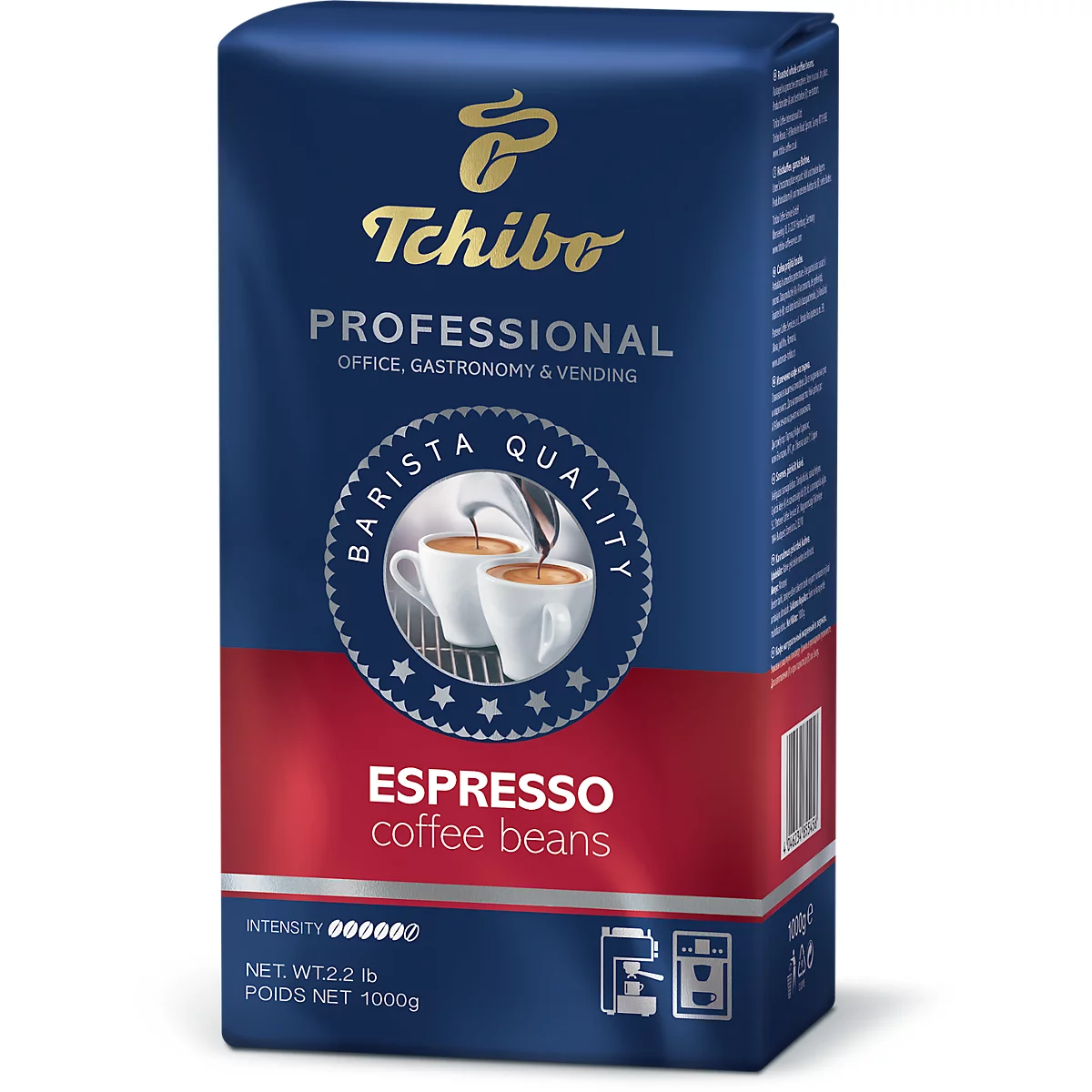 Paquet bleu de grains de café espresso Tchibo Professional, 1000g, avec une illustration de deux tasses d'espresso.
