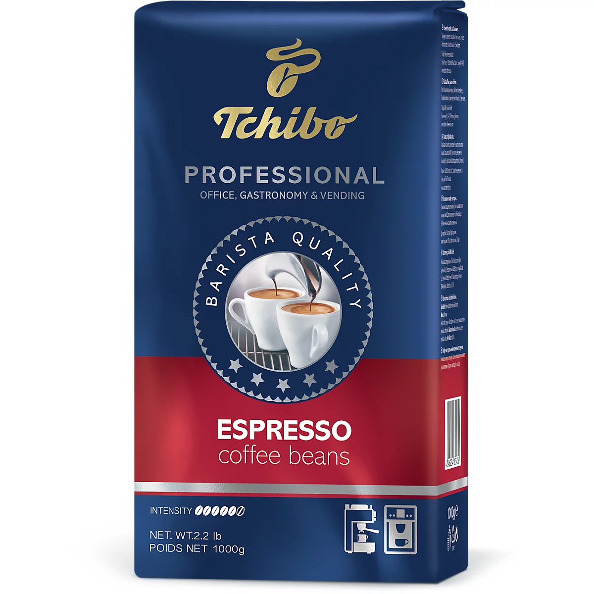 Paquet de café en grains Espresso Tchibo Professional bleu avec logo Barista Quality et deux tasses.