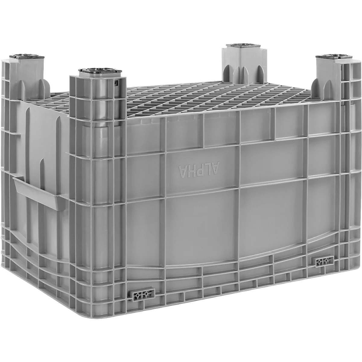 Bac en plastique gris avec fond en grille et le mot "ALPHA".