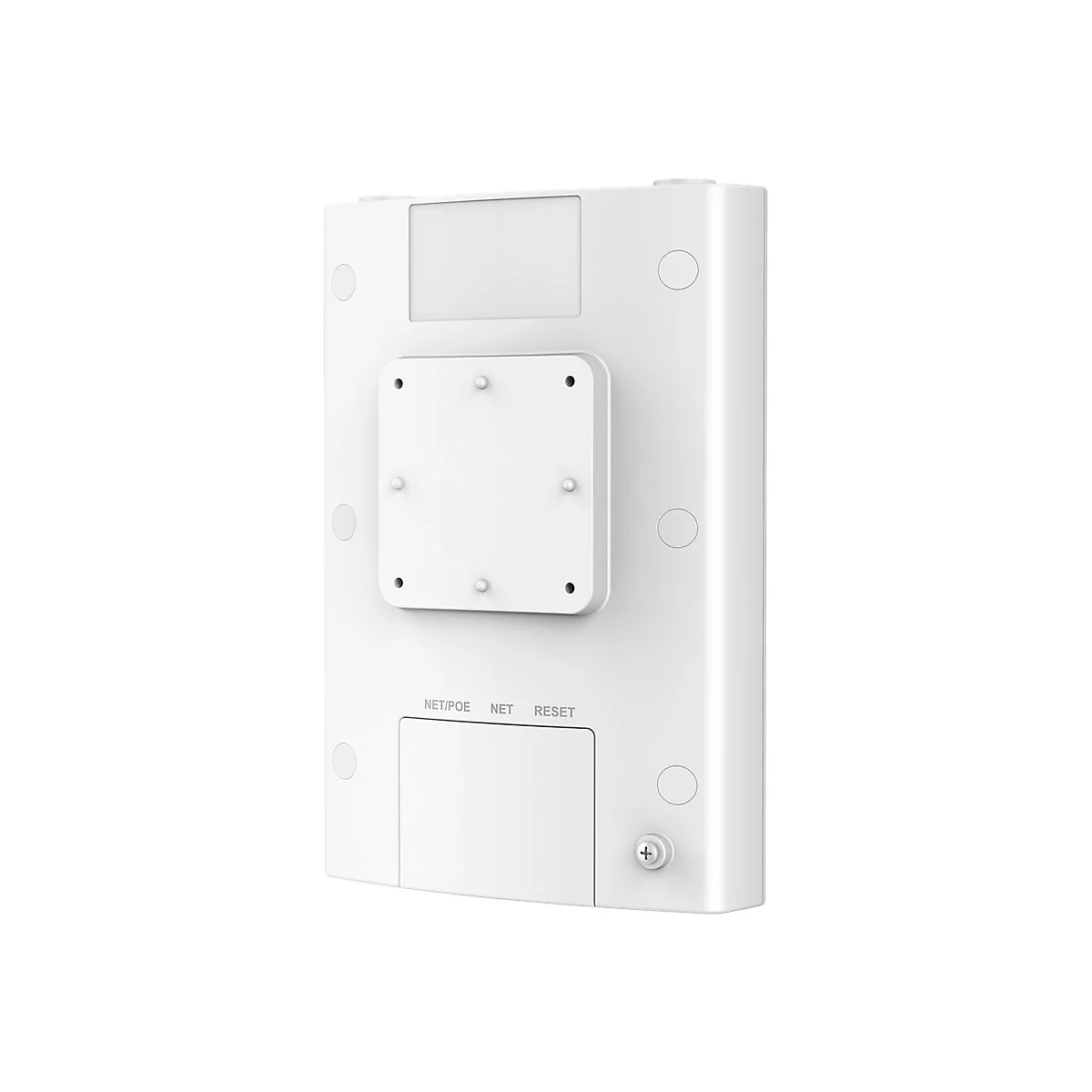 RÃ¼ckseite eines weiÃŸen Routers, mit Befestigungselementen und AnschlÃ¼ssen. Beschriftungen: WPSIE, NET, RESET.
