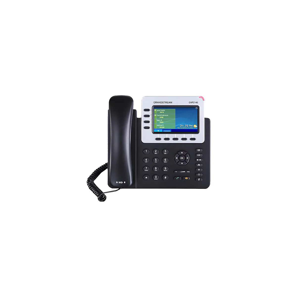Schwarzes Tischtelefon mit Display. Das Display zeigt eine Kontaktliste und die Uhrzeit. Der HÃ¶rer liegt auf der Gabel.